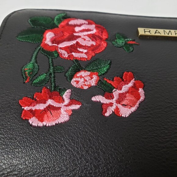 Rampage Black Pebbled Faux Leather Zip Around Wallet w/Embroidered Red Flowers - Picture 2 of 10